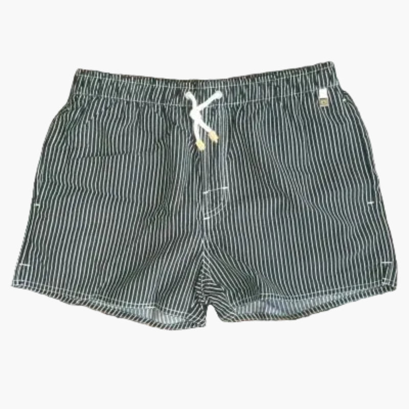 Dark green swim shorts with thin white stripes, elastic waistband, and drawstring