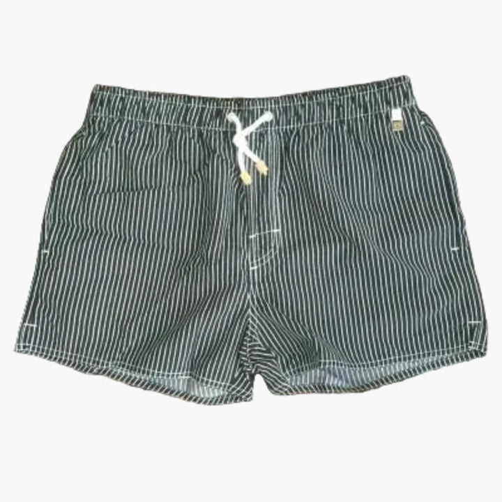 Dark green swim shorts with thin white stripes, elastic waistband, and drawstring