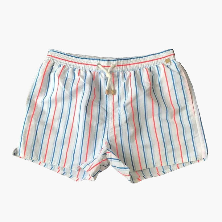 White swim shorts with thin blue and coral stripes, elastic waist, and drawstring