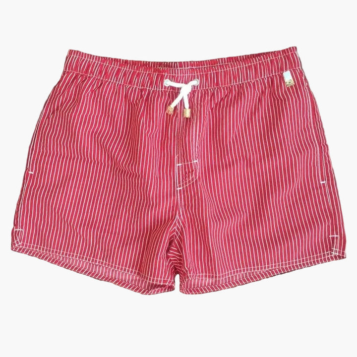 Red striped swim shorts with white drawstring and lightweight summer fit