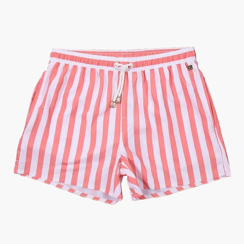Pink and white striped swim shorts with drawstring waist and relaxed cut