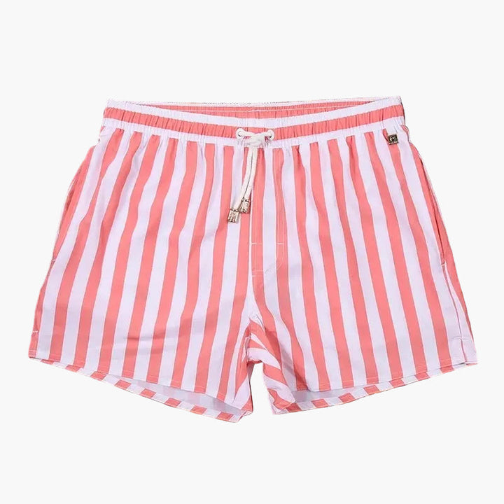 Pink and white striped swim shorts with drawstring waist and relaxed cut