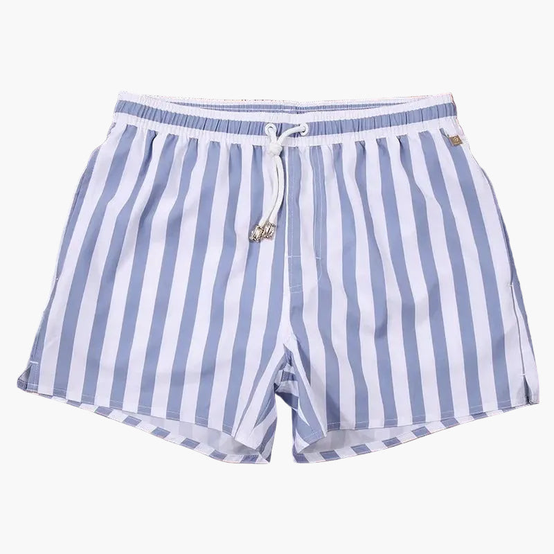 Light blue and white striped swim shorts with elastic waist and drawstring tie