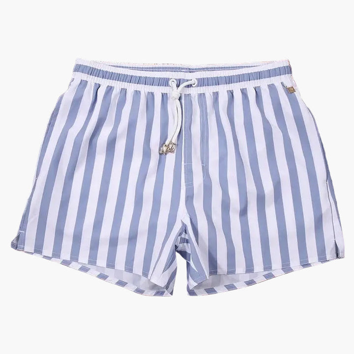 Light blue and white striped swim shorts with elastic waist and drawstring tie