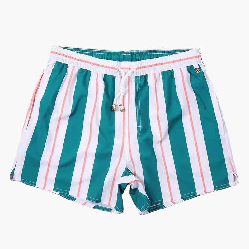 Teal and white striped swim shorts with coral accents and adjustable drawstring