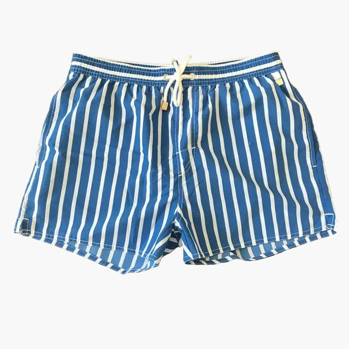 Blue and white striped swim shorts with drawstring waist and side pockets