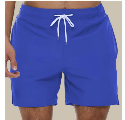 Royal blue men's swim shorts with white drawstring, front view summer bathing suit