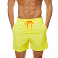 Neon yellow men's swim shorts with orange drawstring, front view summer swim shorts
