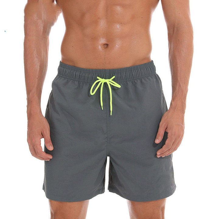 Gray men's swim shorts with neon green drawstring, front view summer bathing suit shorts