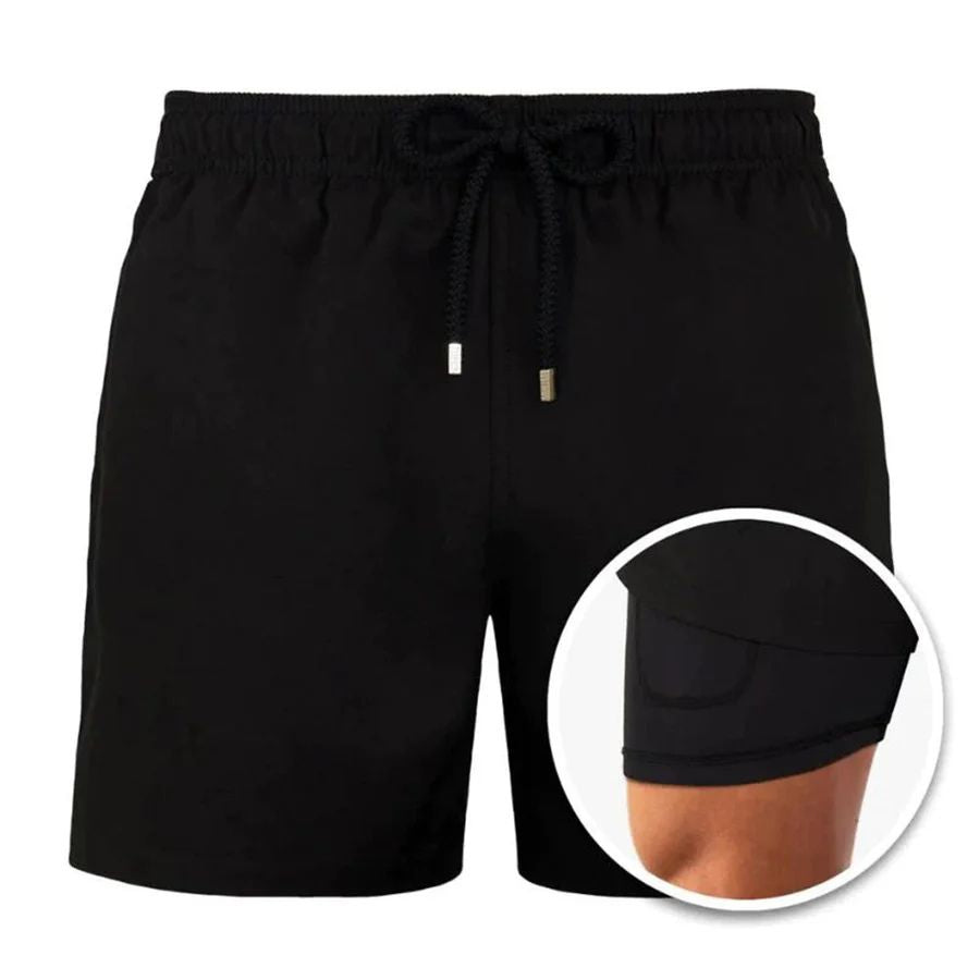 Black men's swim shorts with elastic drawstring waistband and inner liner close-up inset