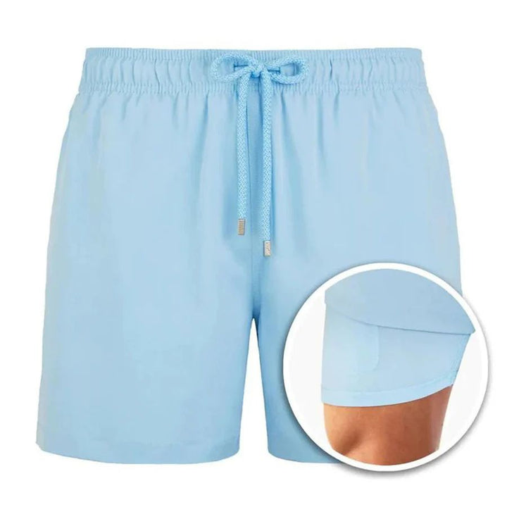Light blue men's swim shorts with drawstring and matching liner inset detail