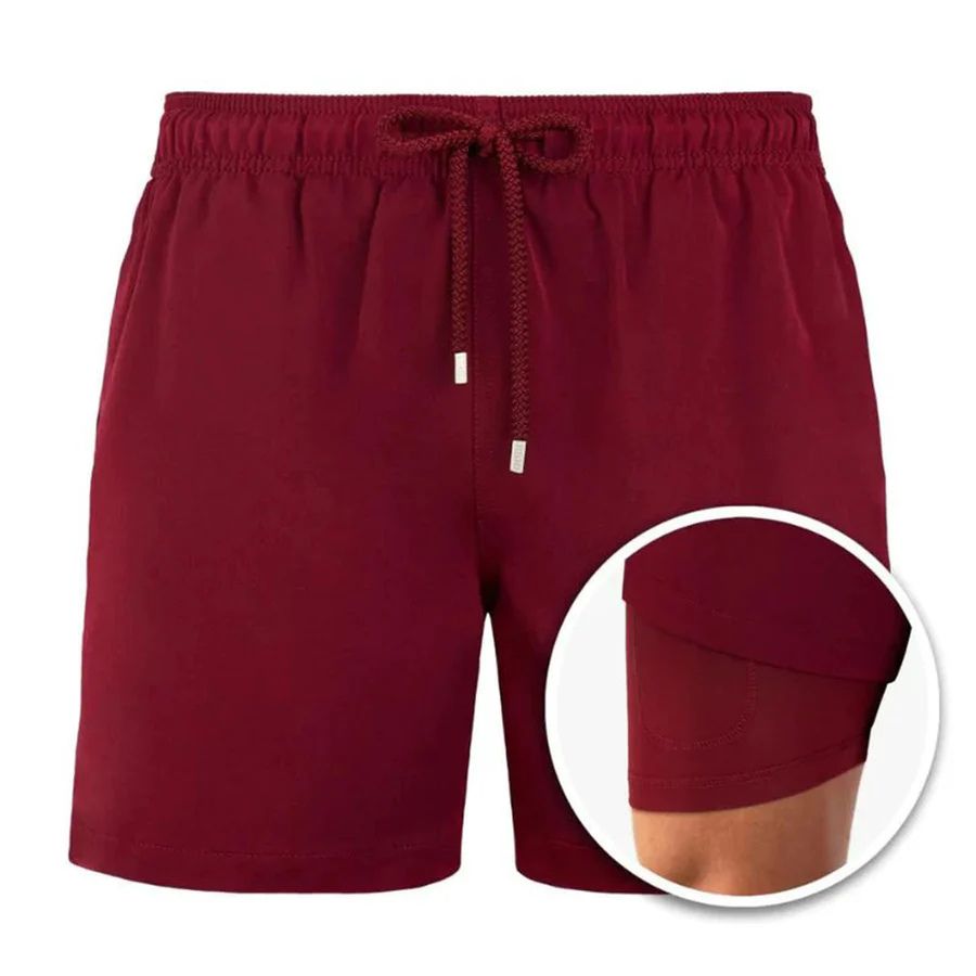 Burgundy men's swim shorts with drawstring waist and built-in liner close-up inset view