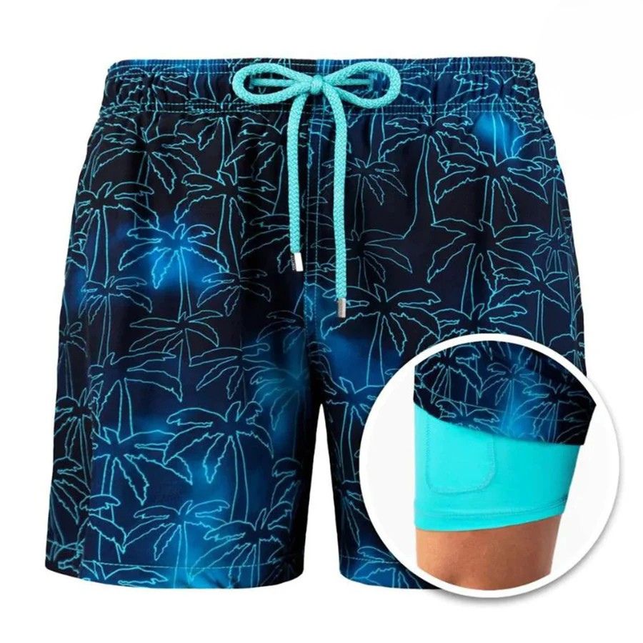 Navy palm print men's swim shorts with drawstring waist and built-in liner inset