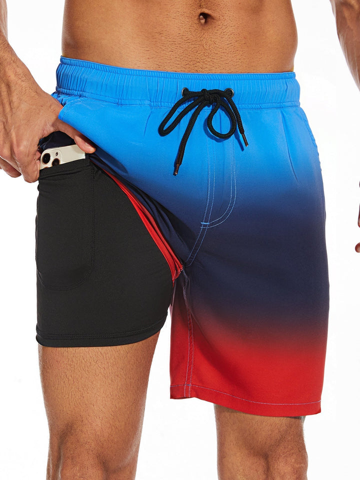 Blue gradient swim shorts with black drawstring and side pocket detail