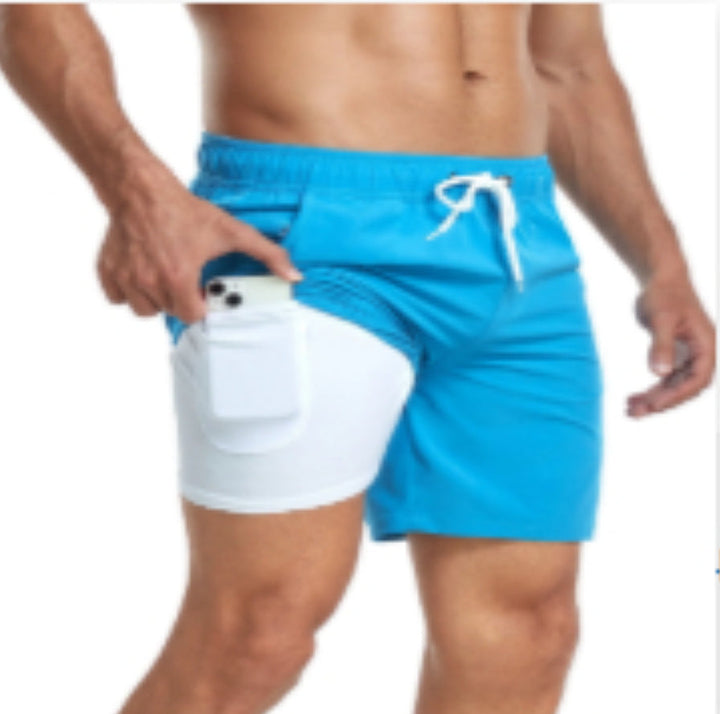 Blue and white men's swim shorts with side pocket and white drawstring