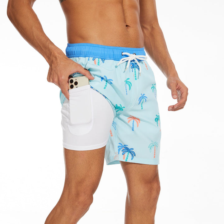 Light blue palm print swim shorts with white pocket and drawstring waistband, men's summer shorts