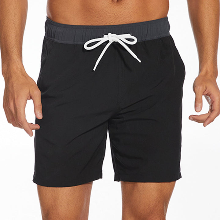 Black men's swim shorts with white drawstring waistband, simple summer bathing suit shorts
