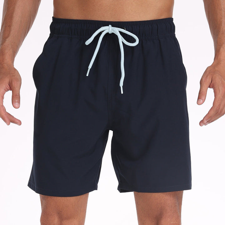 Black men's swim shorts with light blue drawstring, front view of casual beach shorts