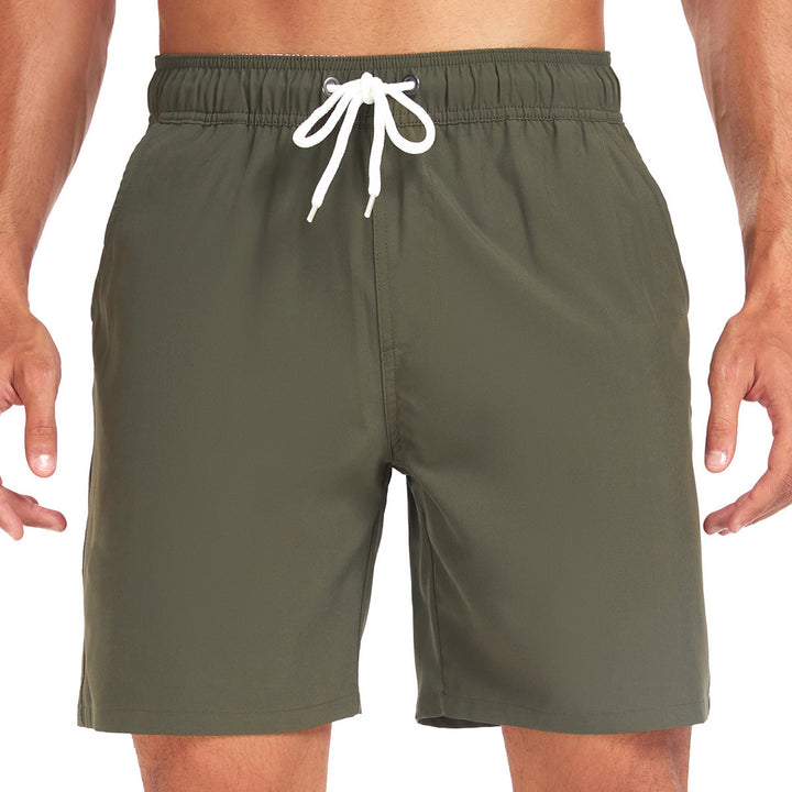 Olive green men's swim shorts with white drawstring waistband and side pockets, summer shorts