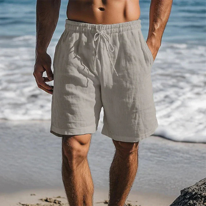 Light gray men's summer swim shorts with pockets and adjustable drawstring