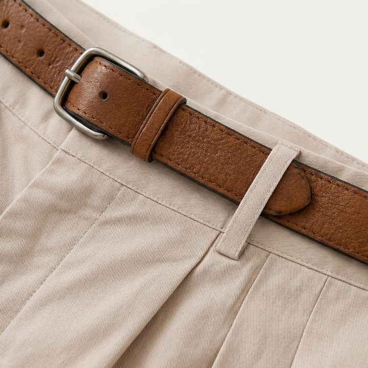Close-up of beige tailored linen shorts with brown leather belt and pleated waist