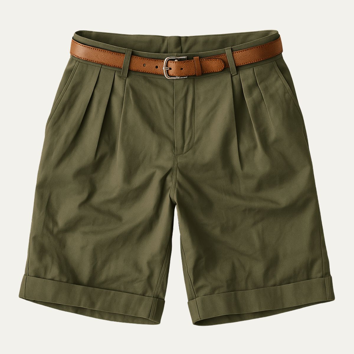 Olive green tailored linen shorts with pleats, cuffed hems, and brown belt