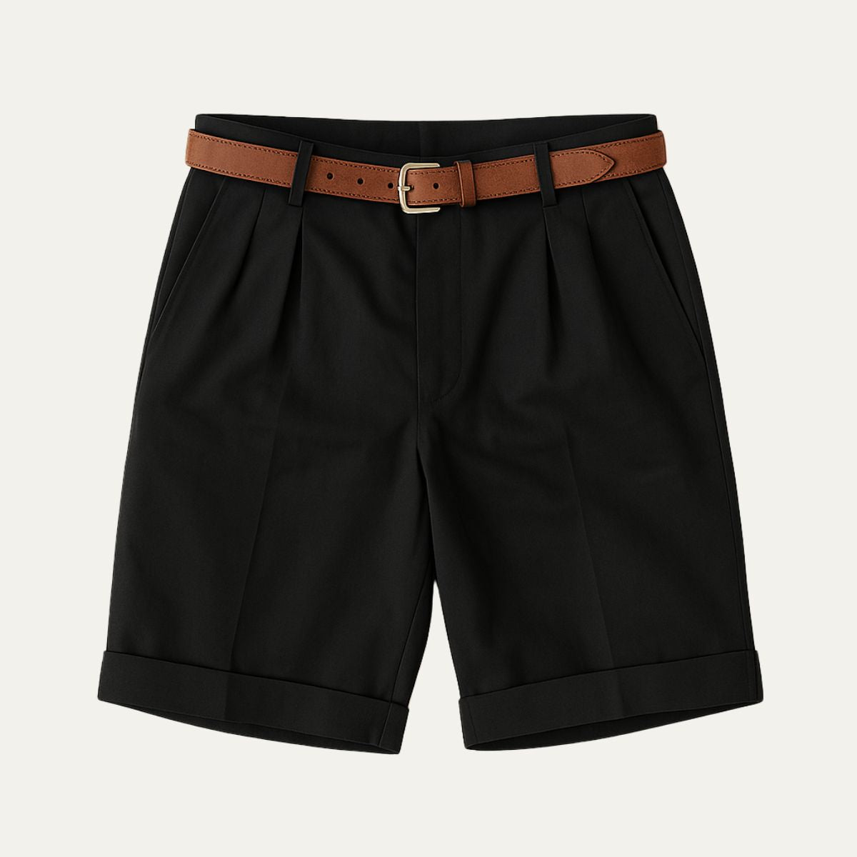 Black tailored linen shorts with pleats, cuffed hems, and brown belt