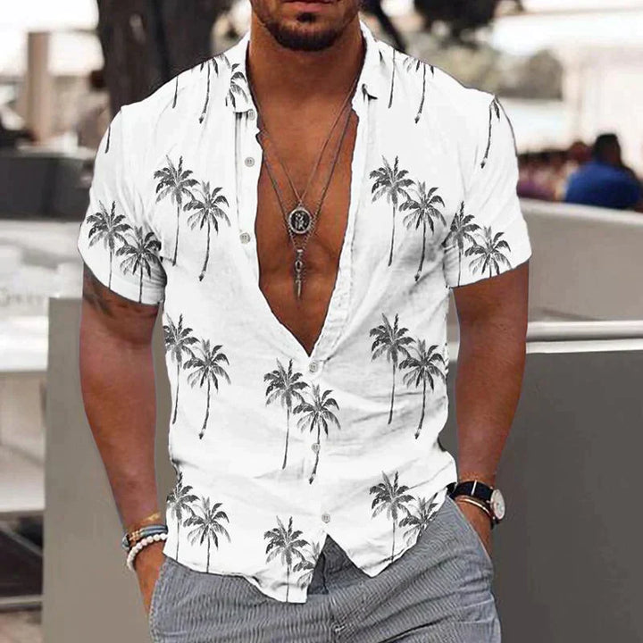 White men's button up shirt with black palm tree print and short sleeves