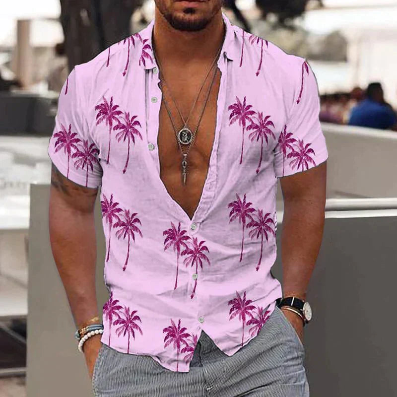 Pink men's tropical print button up shirt with palm trees and relaxed summer style