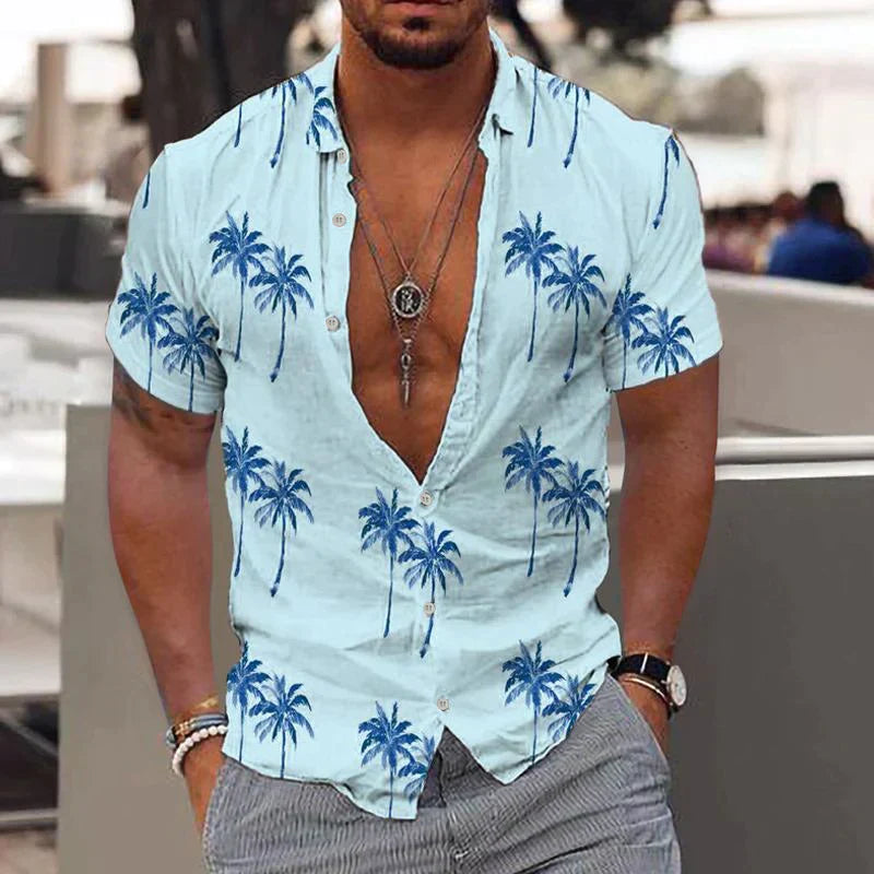 Light blue men's summer shirt with dark blue palm tree print and open neckline