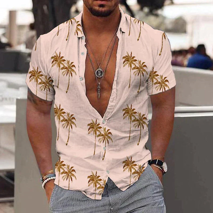 Men's tropical print button up shirt in beige with palm tree pattern and short sleeves
