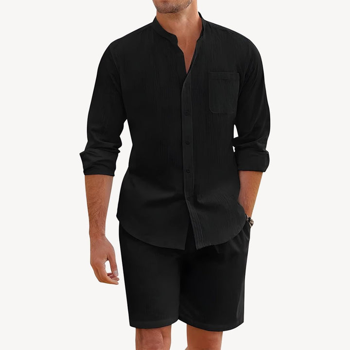 Black men's summer linen shirt shorts set with long sleeves, chest pocket, and relaxed fit