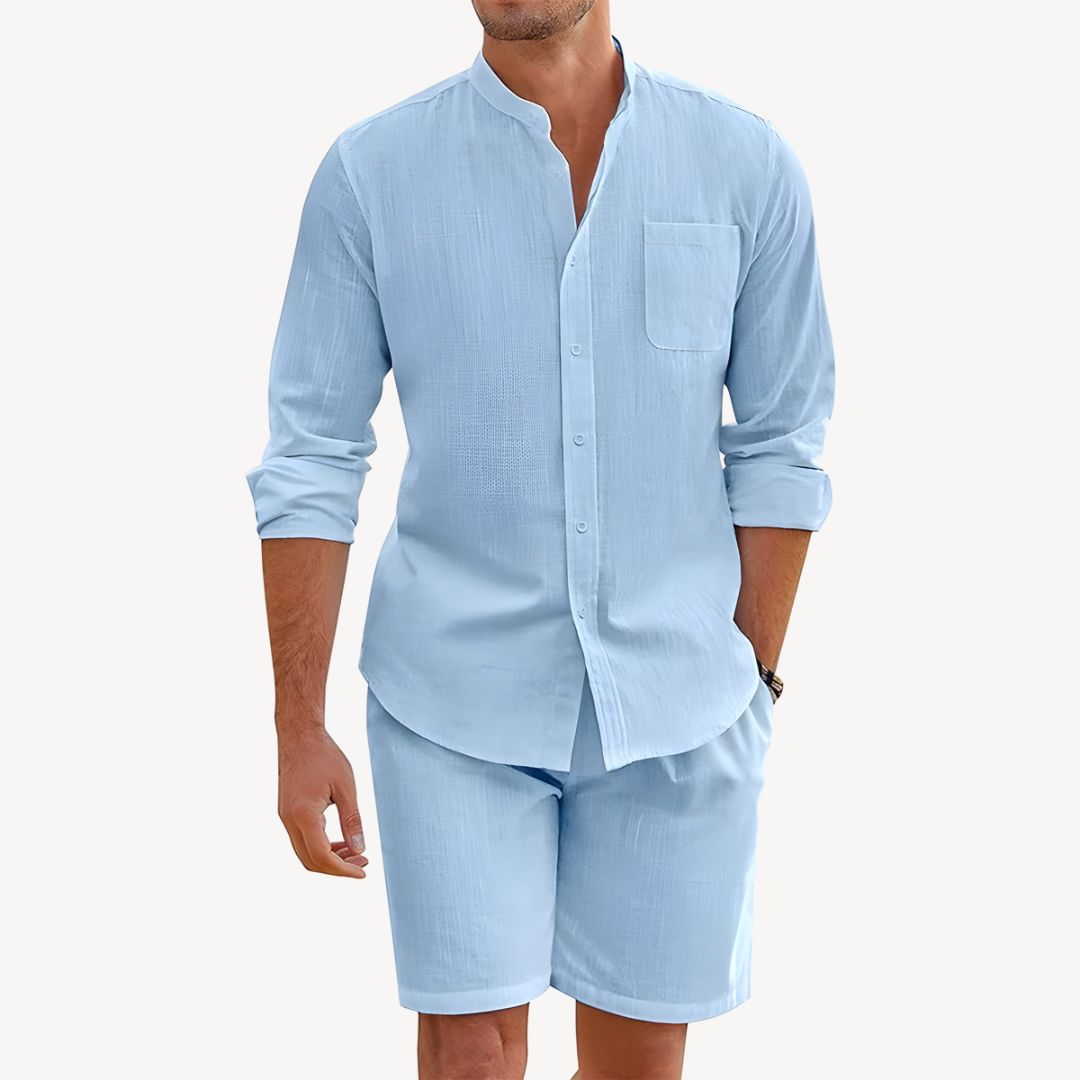 Light blue two piece linen shirt shorts set for men with rolled sleeves and button front