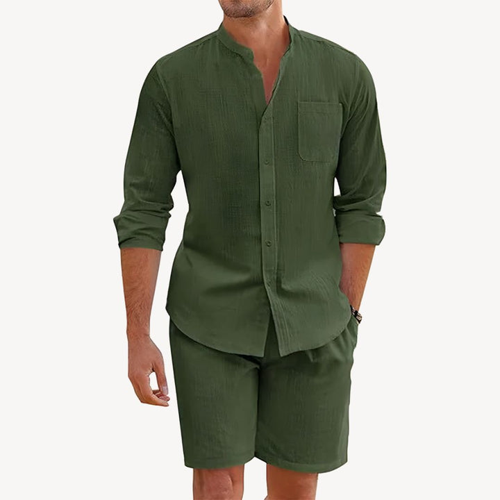 Olive green men's linen shirt and shorts set with stand collar, chest pocket, and casual style