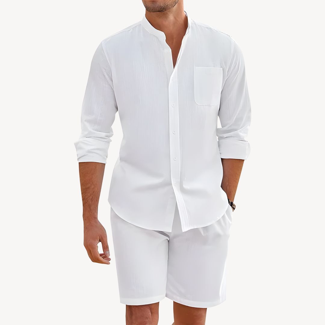 White men's summer two piece linen shirt and shorts set with button front and chest pocket