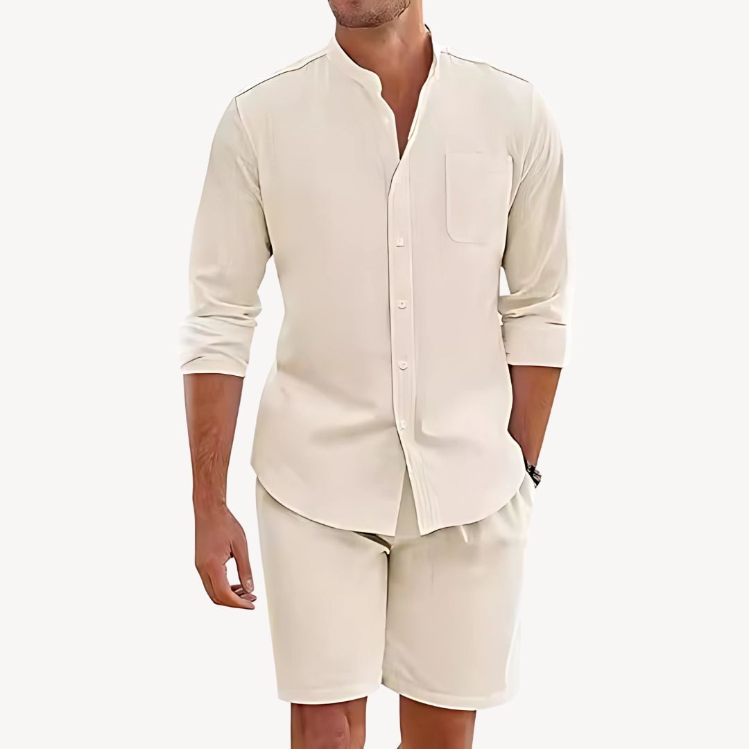 Cream linen shirt and shorts set with mandarin collar, chest pocket, and rolled sleeves