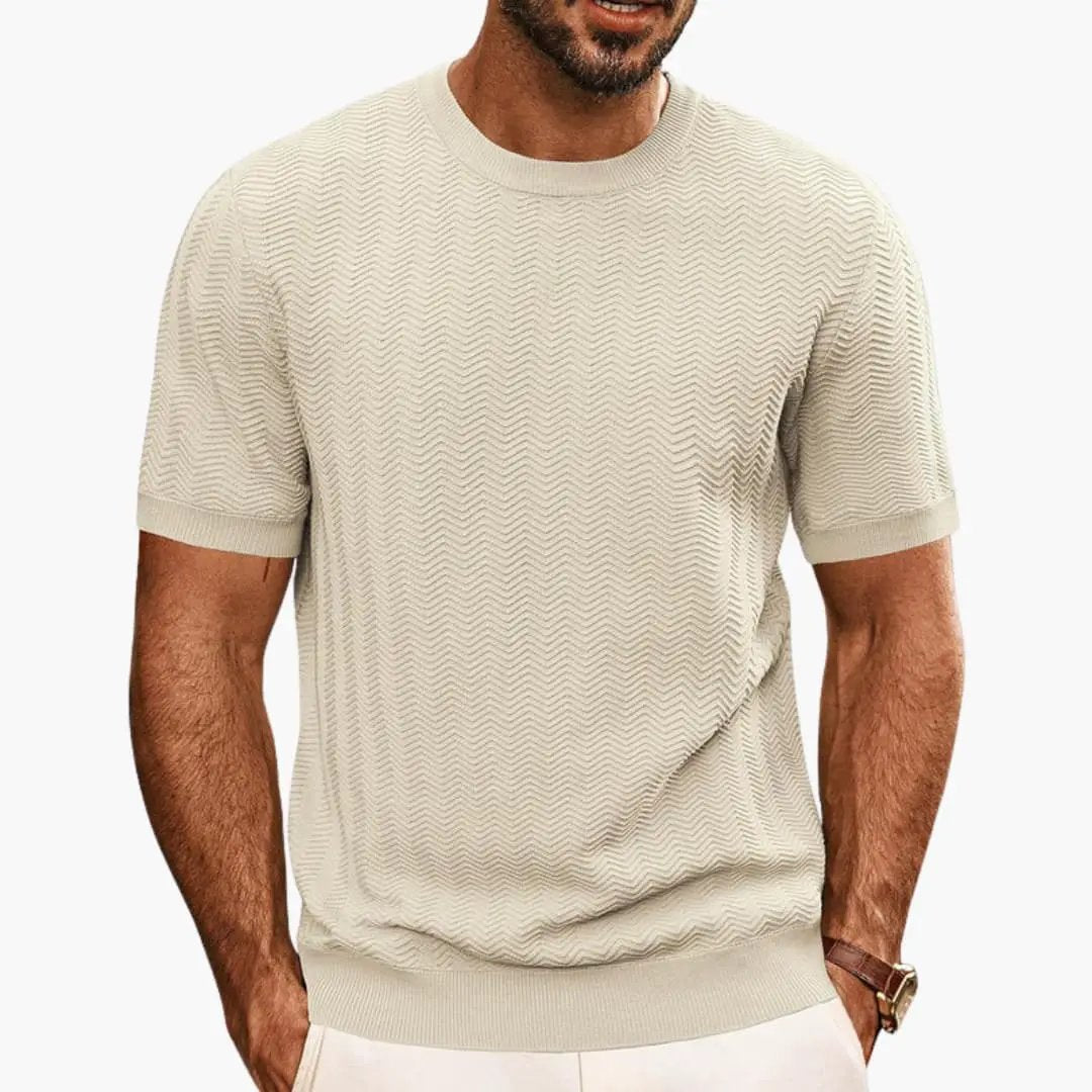 Cream textured wave crew neck short sleeve t shirt with subtle zigzag knit pattern