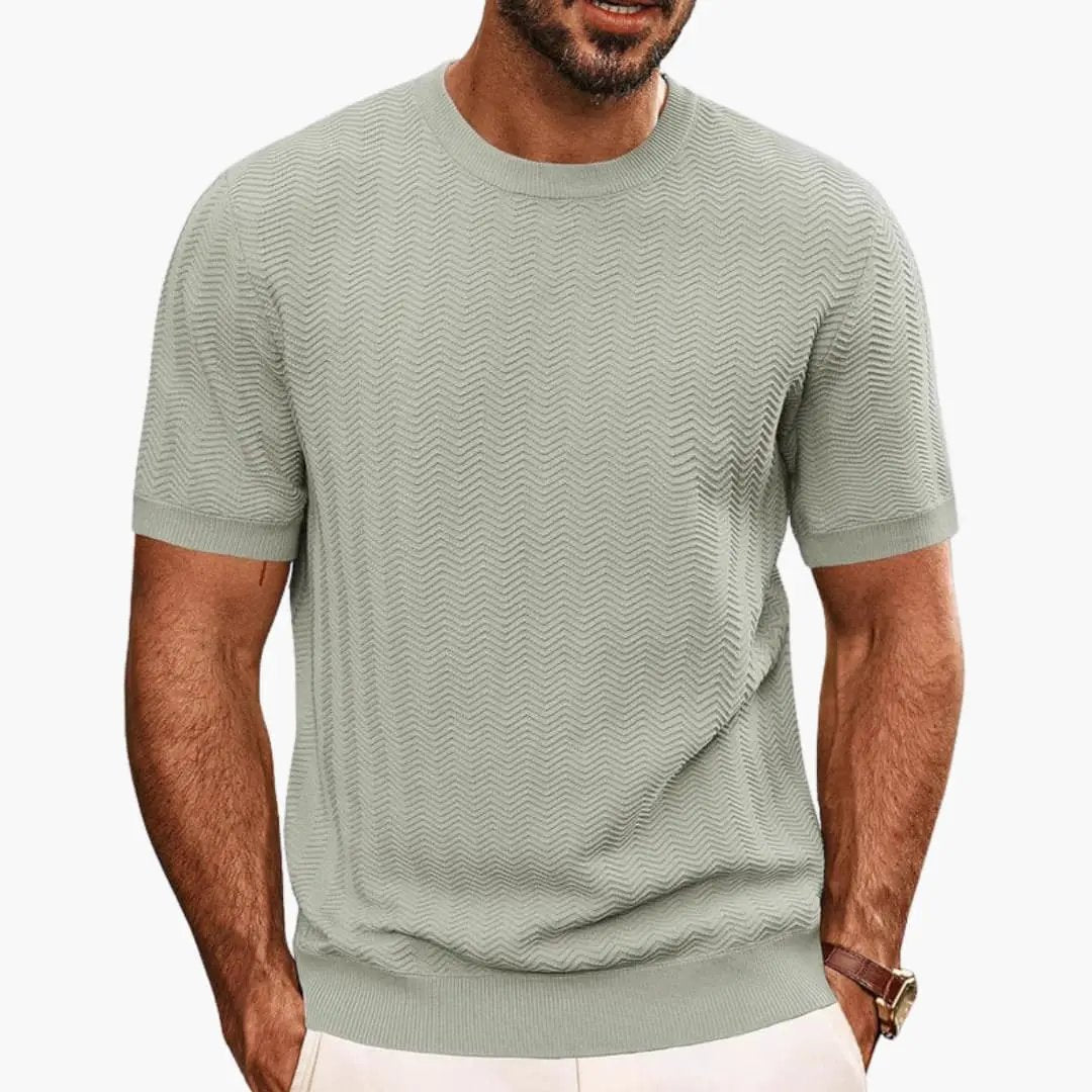 Light sage textured wave crew neck short sleeve t shirt with ribbed cuffs and hem