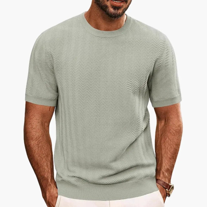 Light sage textured wave crew neck short sleeve t shirt with ribbed cuffs and hem