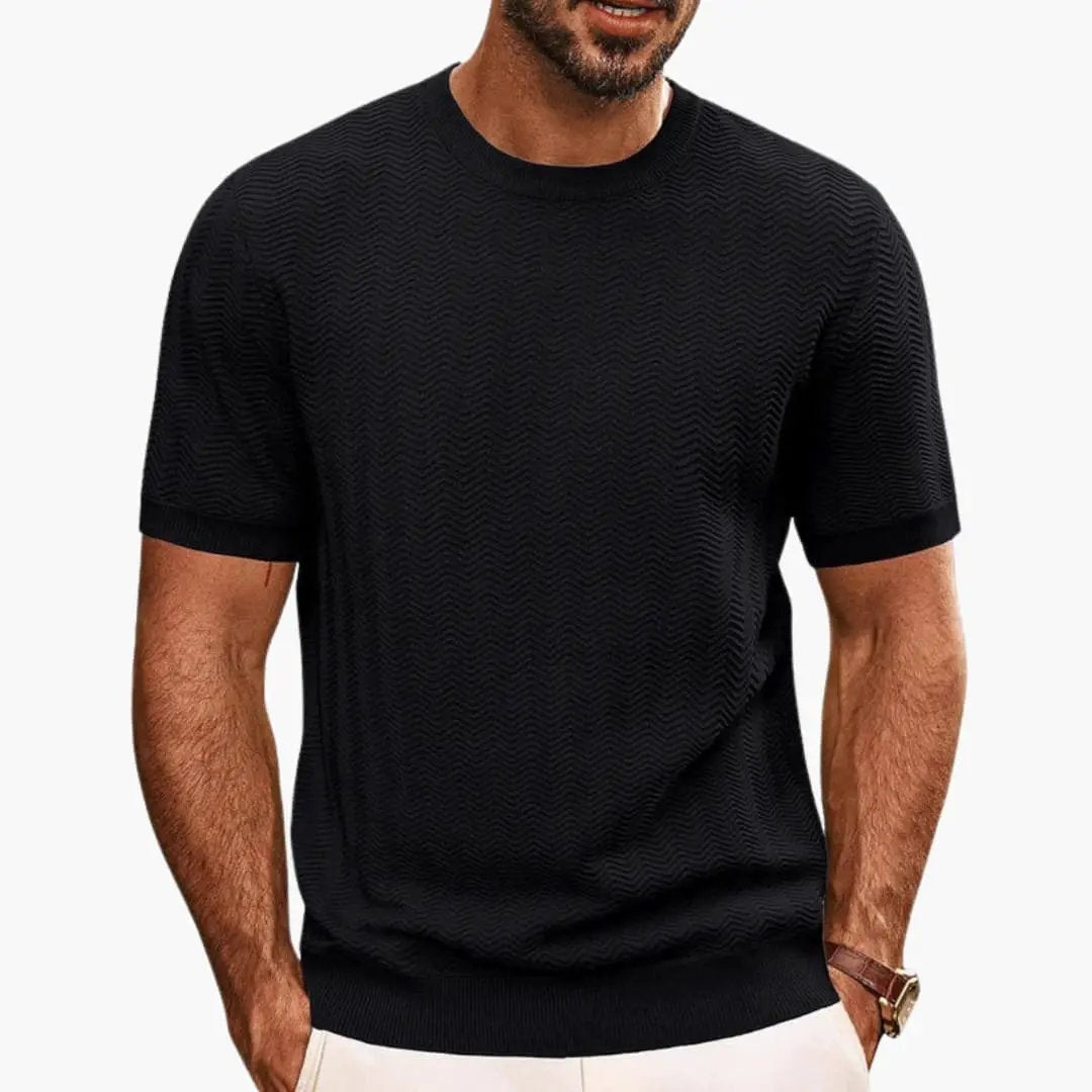 Black textured wave crew neck short sleeve t shirt with smooth fitted silhouette
