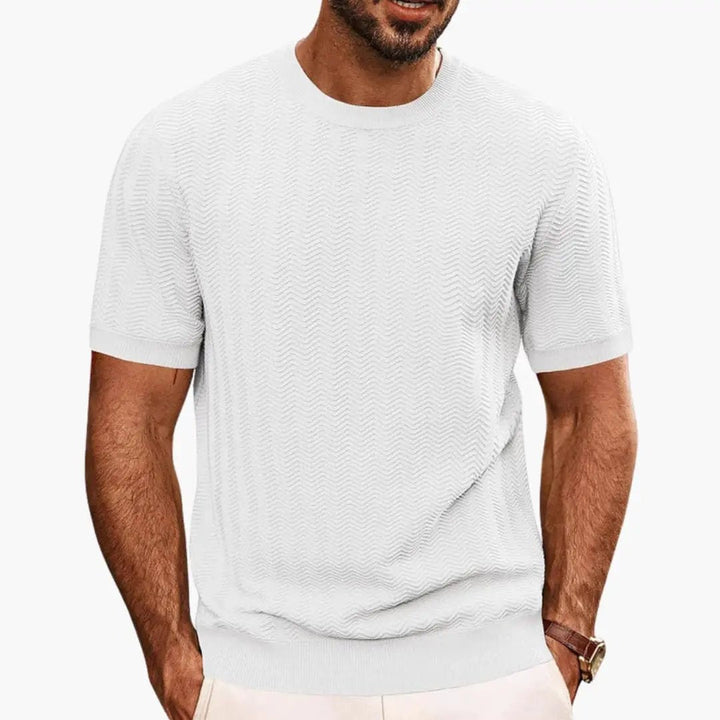 White textured wave crew neck short sleeve t shirt with short sleeves and ribbed hem