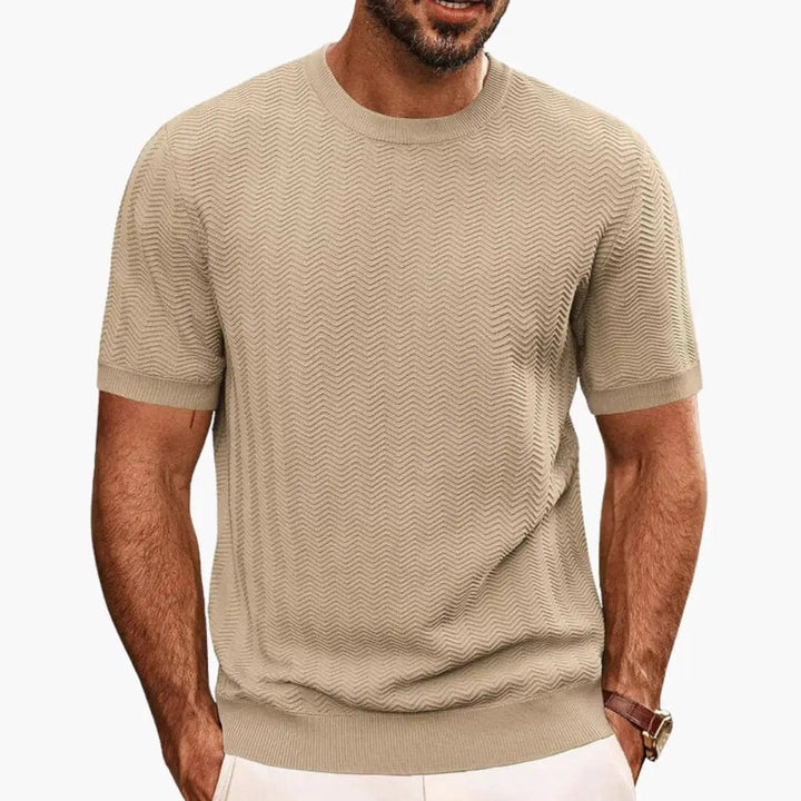 Tan textured wave crew neck short sleeve t shirt with chevron knit detail and crew neck