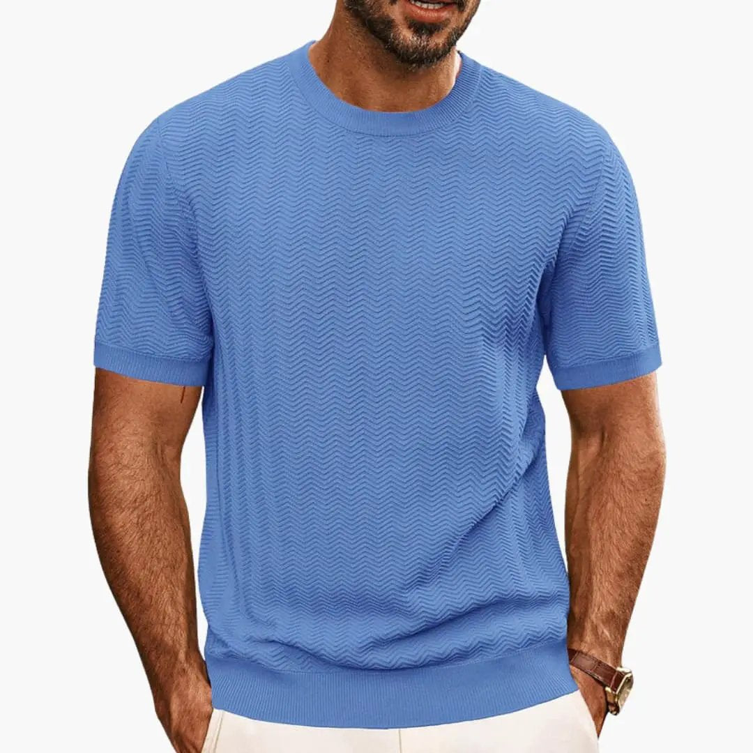 Blue textured wave crew neck short sleeve t shirt with ribbed trim and fitted hem