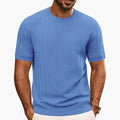Blue textured wave crew neck short sleeve t shirt with ribbed trim and fitted hem