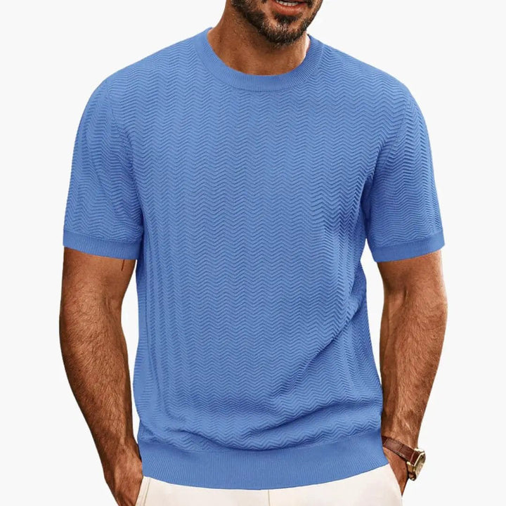 Blue textured wave crew neck short sleeve t shirt with ribbed trim and fitted hem