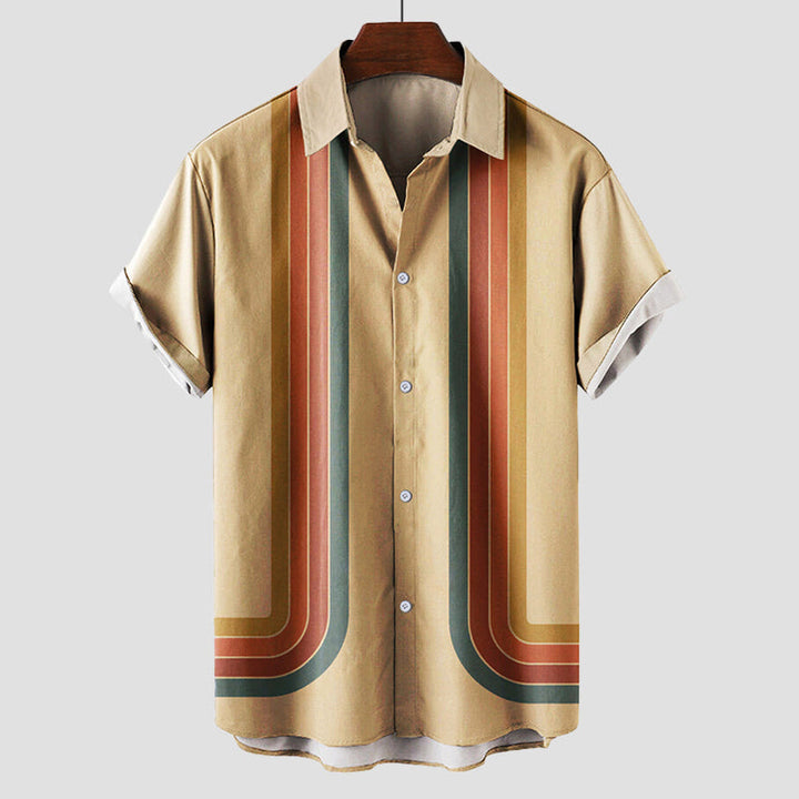 Tan men's striped short sleeve shirt with retro green, rust, and cream vertical accents