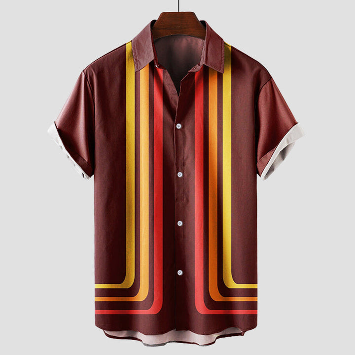 Maroon men's vintage button up shirt with yellow and red striped retro pattern