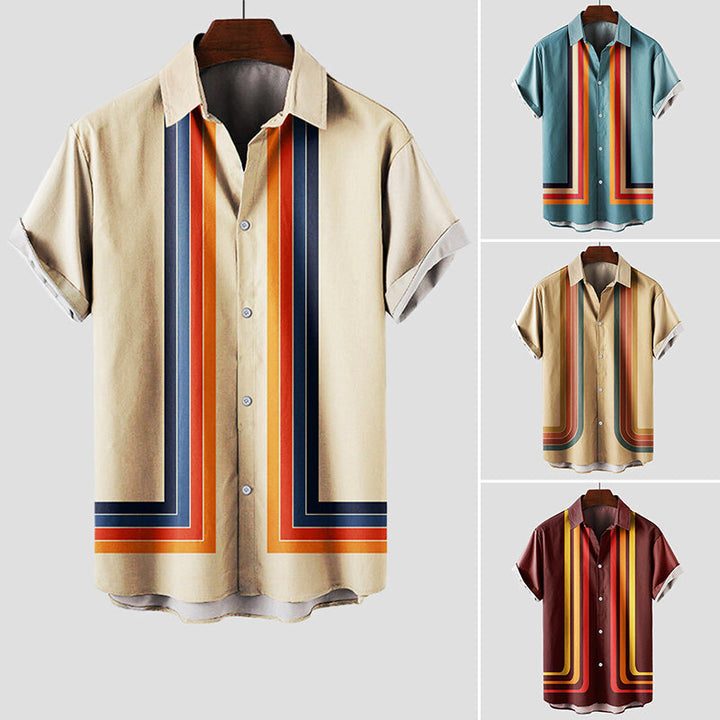 Collage of men's vintage striped short sleeve button up shirts in beige, blue, and maroon