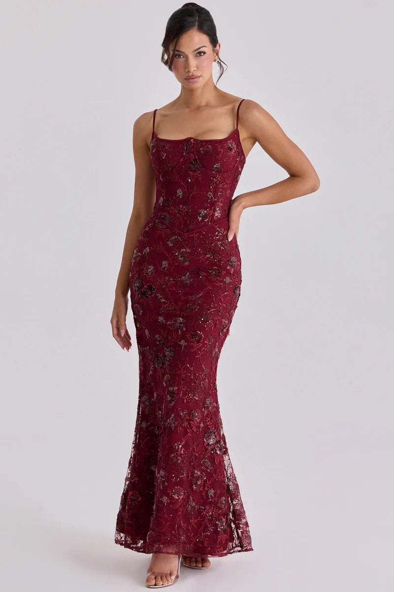 Wine hand beaded embellished corset maxi dress