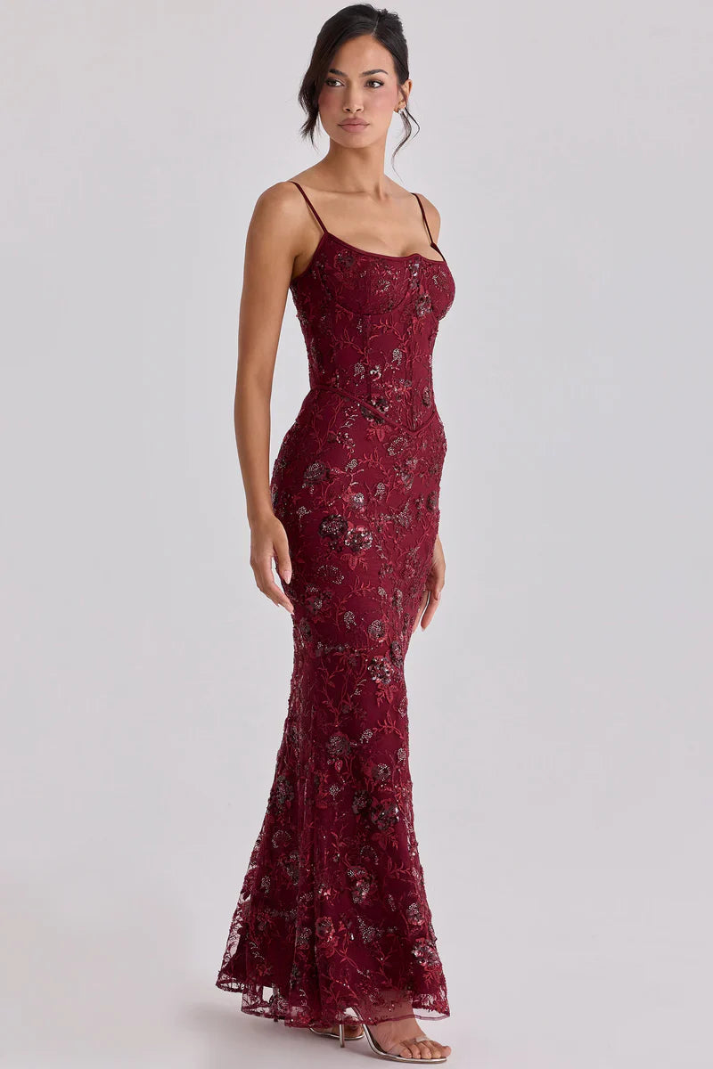 Wine hand beaded embellished corset maxi dress
